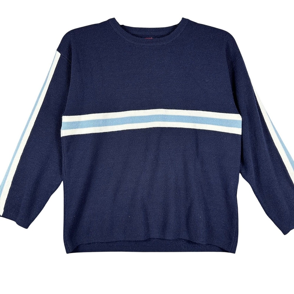 VINTAGE 90s Unionbay Sweater Kids Medium‎ Blue Striped Crew Neck Retro Pullover